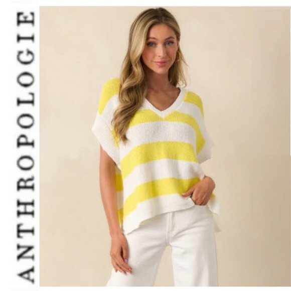 Anthropologie Maeve Yellow Stripe Oversized Knit Top Large - Picture 1 of 15